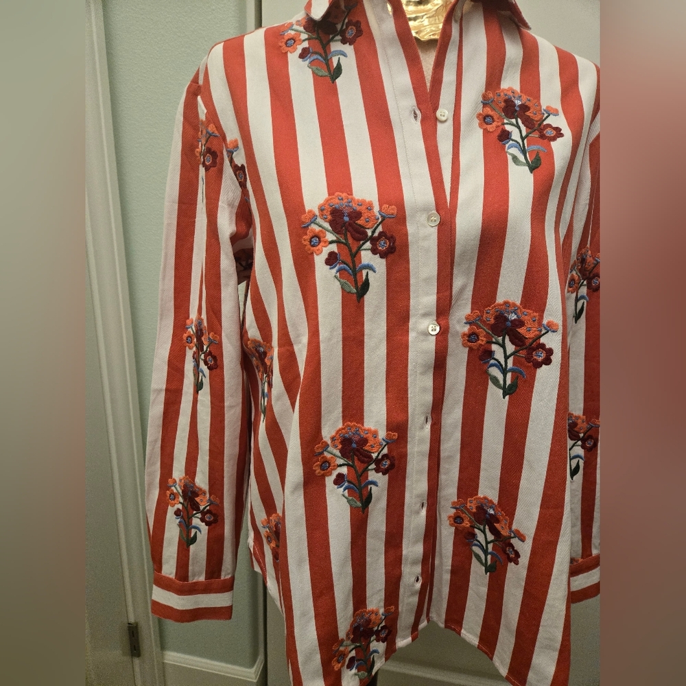 Sezane MAXY ROSE ๐น Embroidered Flowers on Red And White Stripes Size 34 - Picture 6 of 11